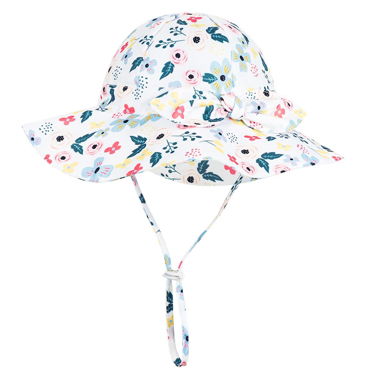 Baby Girl Sun Hat with UPF 50+ Outdoor Adjustable Beach Hat with Wide Brim Bucket Hats (6-12 Months, Pink-Blue Printing)