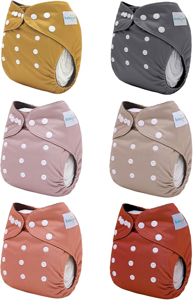 babygoal Reusable Charcoal Cloth Diapers with Double Gussets, 6 Pack Washable Baby Pocket Diapers with 6pcs Charcoal Inserts and Wet Dry Bag(Neutral Color)