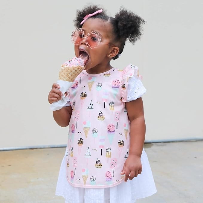 BapronBaby Flutter Pink Ice Cream Bapron - No Neck Tie Safer Bib for Baby & Toddler - Soft Waterproof Stain Resistant - Machine Washable - Sz Preschool 3-5yrs