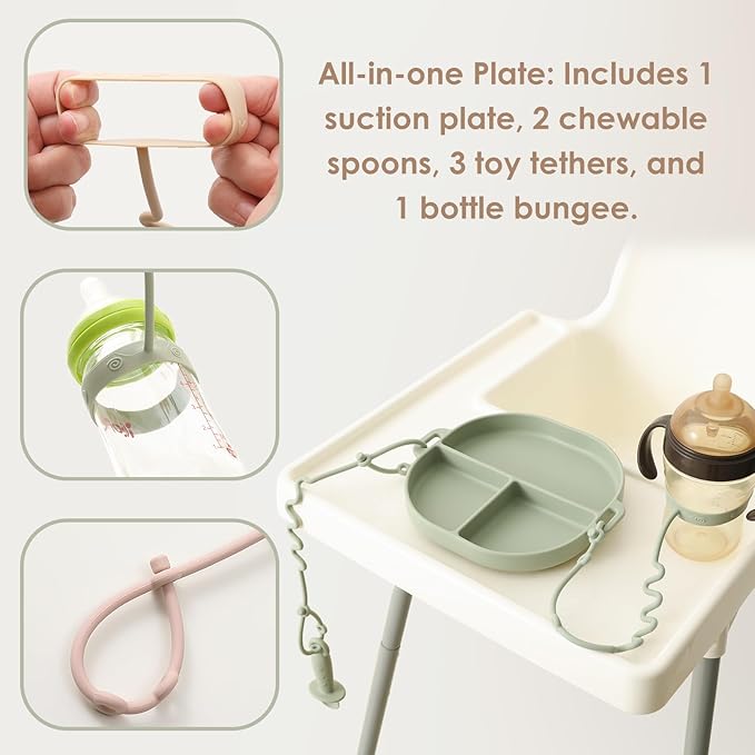 Andy Bear Silicone Plates for Babies with Suction Divided Baby Spoons Silicone Baby Toy Straps All-in-one Plates Silicone Placemat for Babies Toddlers Attachable Tethers & Built-in Suction Cups-Sage