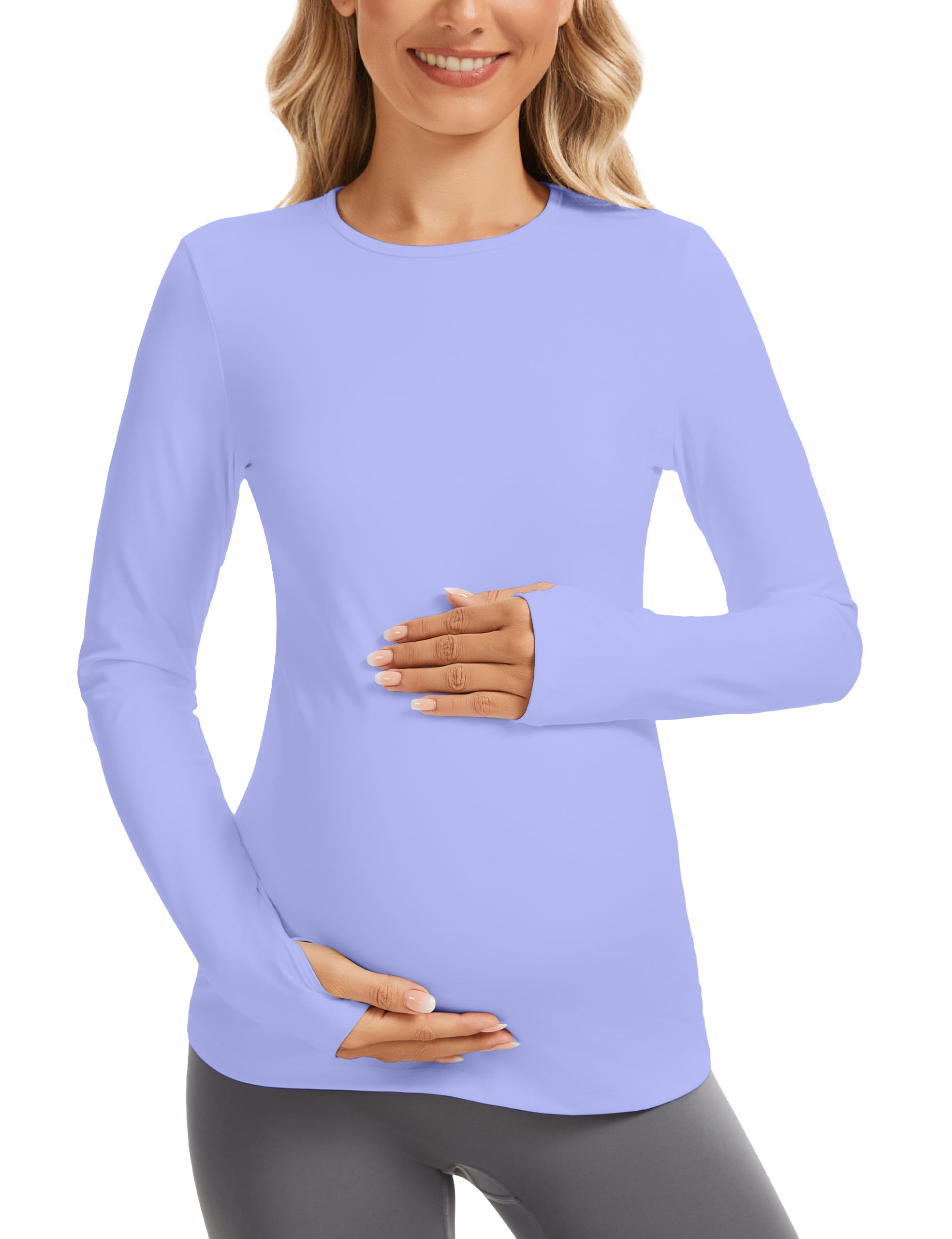 MathCat Maternity Long Sleeve Shirt with Thumbleholes,Pregnancy Casual Tops Athletic Yoga Maternity Shirts Light Purple