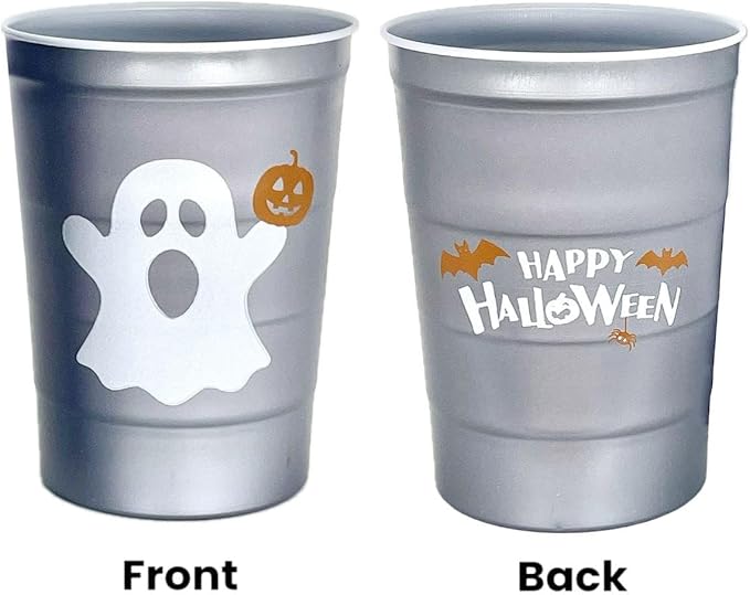 16 oz. Party Cups 'Happy Halloween' Ghost Design for Cold Drinks, Durable, Disposable, Recyclable, Made in USA, Gray, 12 Count