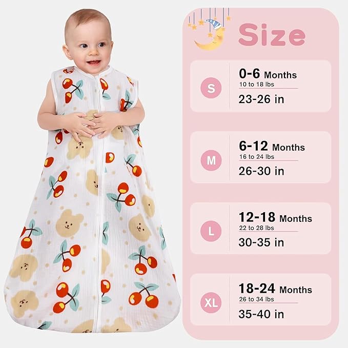 2 Pack Baby Sleep Sack 12-18 Months 100% Organic Cotton Muslin Baby Sleeping Bag 2-Way Zipper Wearable Blankets (Flower & Cherry, Large)