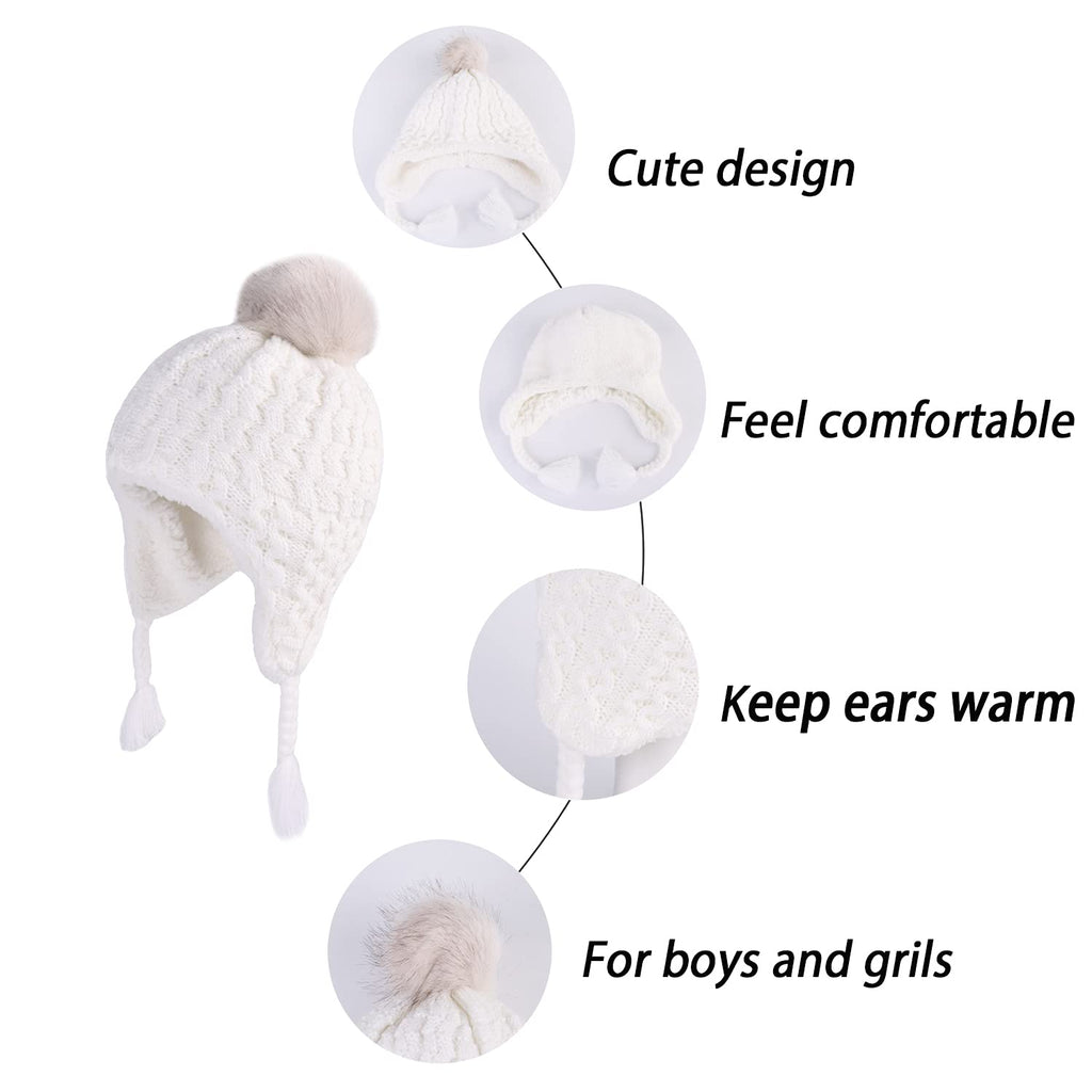 LANGZHEN Toddler Kids Winter Hat,Earflap Knit Warm Cap Fleece Lined Beanie for Baby Girls(Peach+White,6-12 Months)