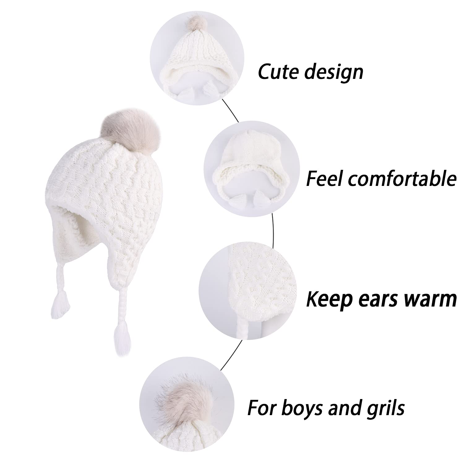 LANGZHEN Toddler Kids Winter Hat,Earflap Knit Warm Cap Fleece Lined Beanie for Baby Girls(Peach+White,6-12 Months)