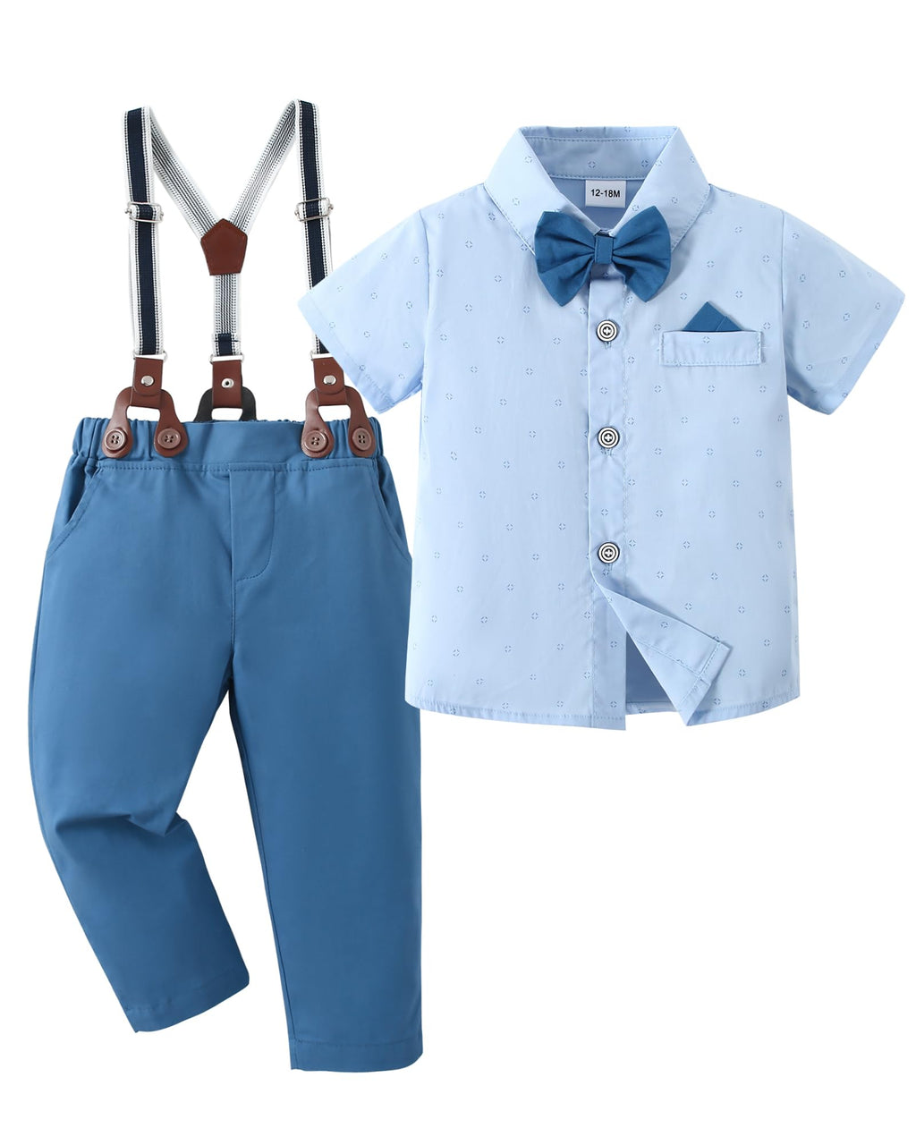 nilikastta Baby Boy Clothes Suits Infant Gentleman Blue Baby Outfit Boy Short Dress Shirt With Bowtie/Suspender Pants 12-18 Months.