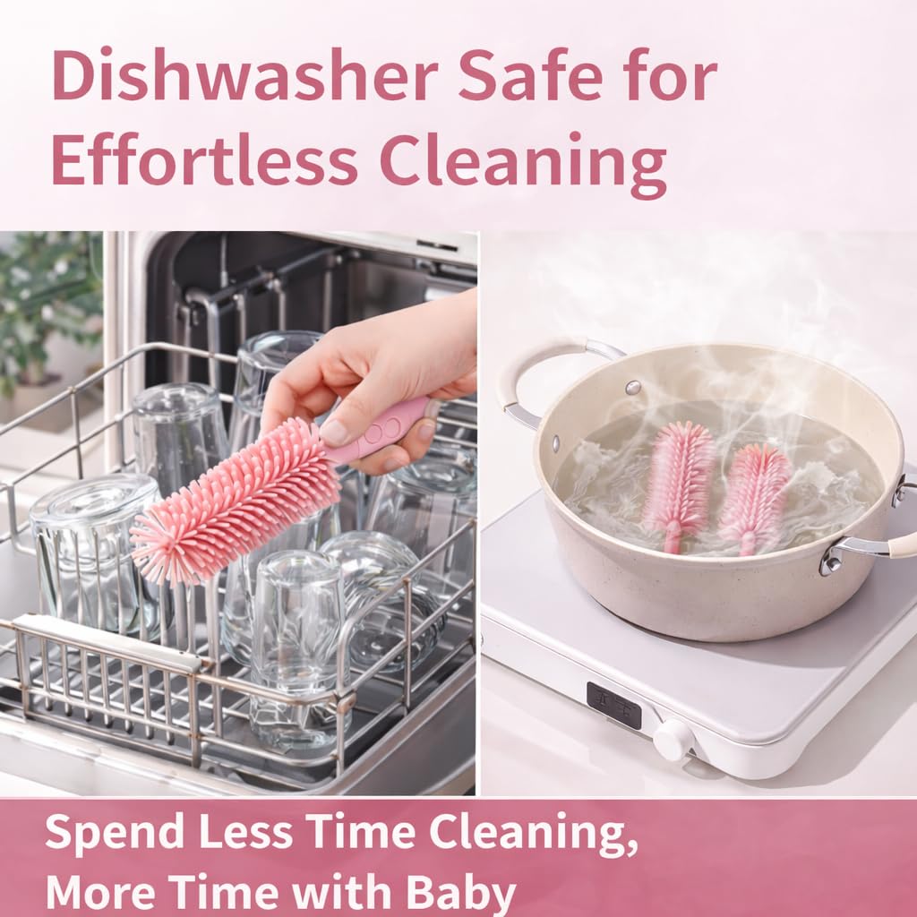 Travel Bottle Cleaner kit, 7in1 Baby Travel Gear Essential Silicone Travel Bottle Brush Set Nipple Drying Rack, Straw Breast Pump Cleaning Soap Dispenser Organizer Case Mon Gift (Pink)