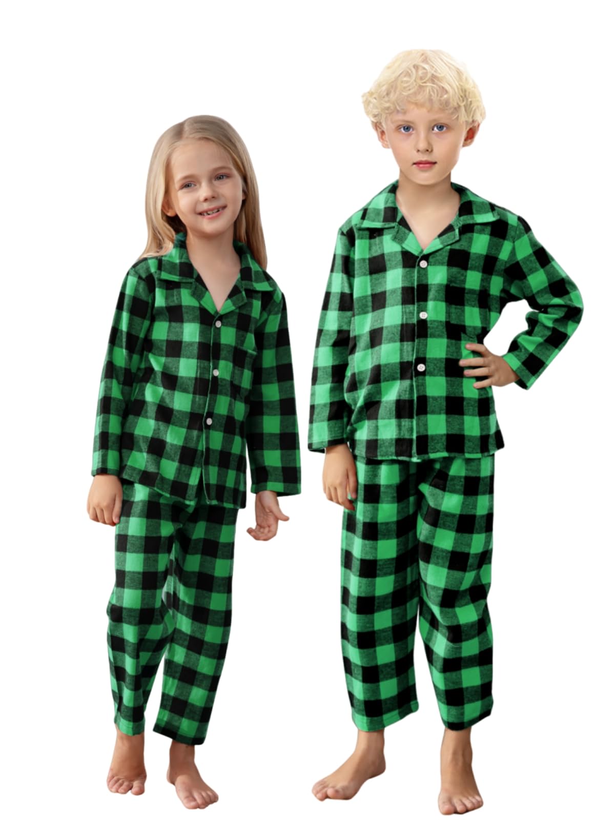 Schbbbta Family Plaid Pajamas Set, Girls Boys 2-Piece Pajamas Set Long Sleeve Sleepwear Button Down Pjs, Black Green, 9-12 Months = Tag 70