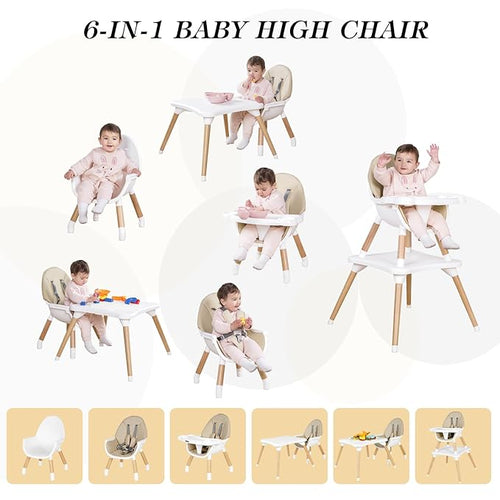 6 in 1 High Chair for Babies & Toddlers, Convertible Wooden Baby Highchair