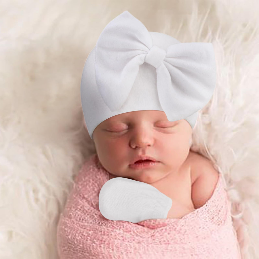BQUBO Newborn Baby Girls Hats Mittens Set Hospital Hat Beanie Infant Bow Hats Baby Cotton Gloves No Scratch Mittens for 0-6 Months