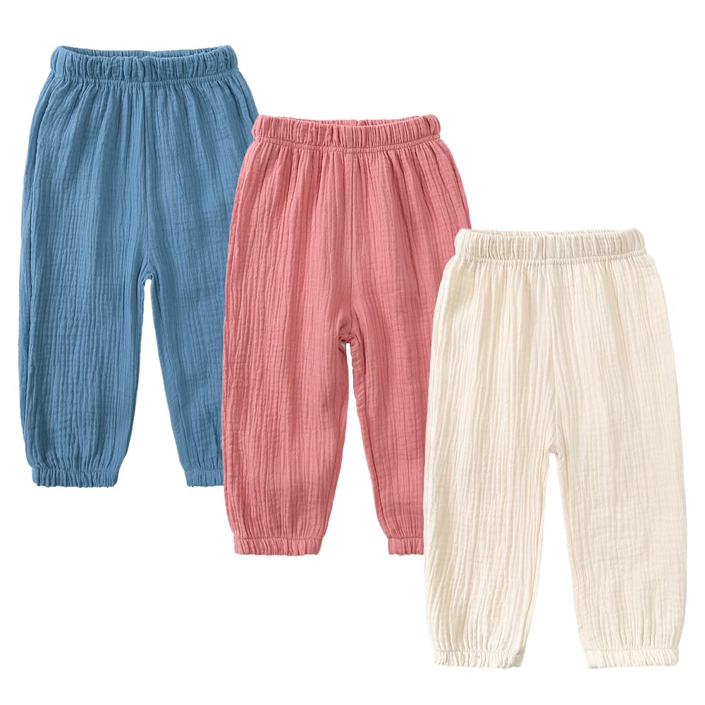 MYGBCPJS Baby Boys Girls 3 Pack Cotton Linen Long Bloomers Ankle Length Trousers Kids Lightweight Elastic Waist Harem Pants