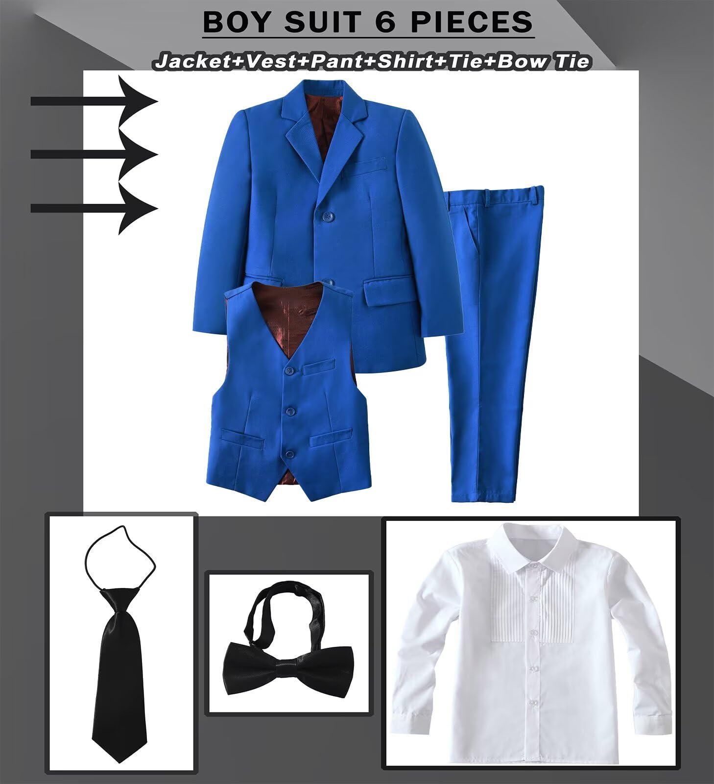 Boy's 6 Piece Suit Classic Fit Suit Set Tuxedo Boy Outfit Royal Blue 16