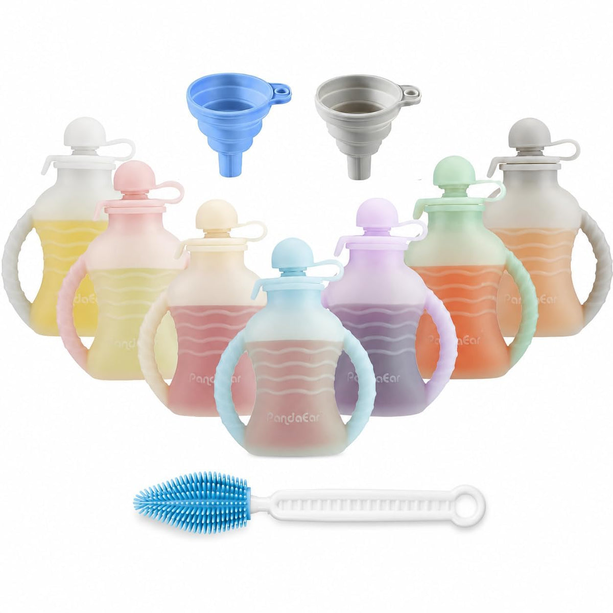 PandaEar 7-Pack Reusable Silicone Baby Food Pouches with Handles, 4oz Refillable Portable Pouches for Toddlers & Infants, BPA-Free Self-Feeding Yogurt & Smoothie Bags, Includes 2 Funnels