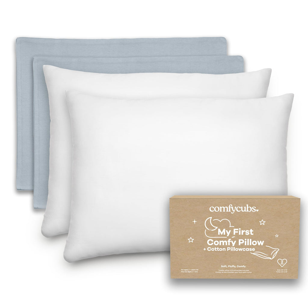 Comfy Cubs Toddler Pillow with Cotton Pillowcase, 13 x 18 in, 2 Pack - Lightweight, Breathable Microfiber Fill for Sleeping and Travel - Soft & Cozy Small Pillow for Toddler - Pacific Blue