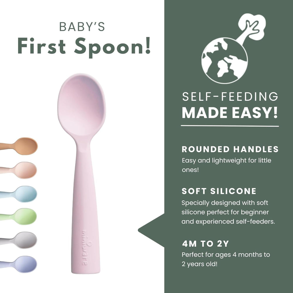 Miniware Sensory Starter Set with Sensory Baby Bowl, Baby Spoon, Roll & Lock Bib - Easy to Clean Baby Feeding Set to Promote Self-Feeding- Toddler Feeding Essentials - Raspberry