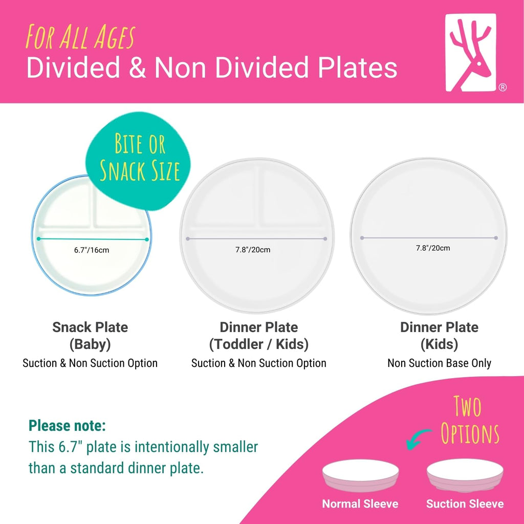 Elk and Friends Kids 6.7” Porcelain Divided Plates with Silicone Sleeves | Suitable for Babies/Kids/Toddlers | Microwave & Dishwasher Safe | Non Slip | Snack Dishes