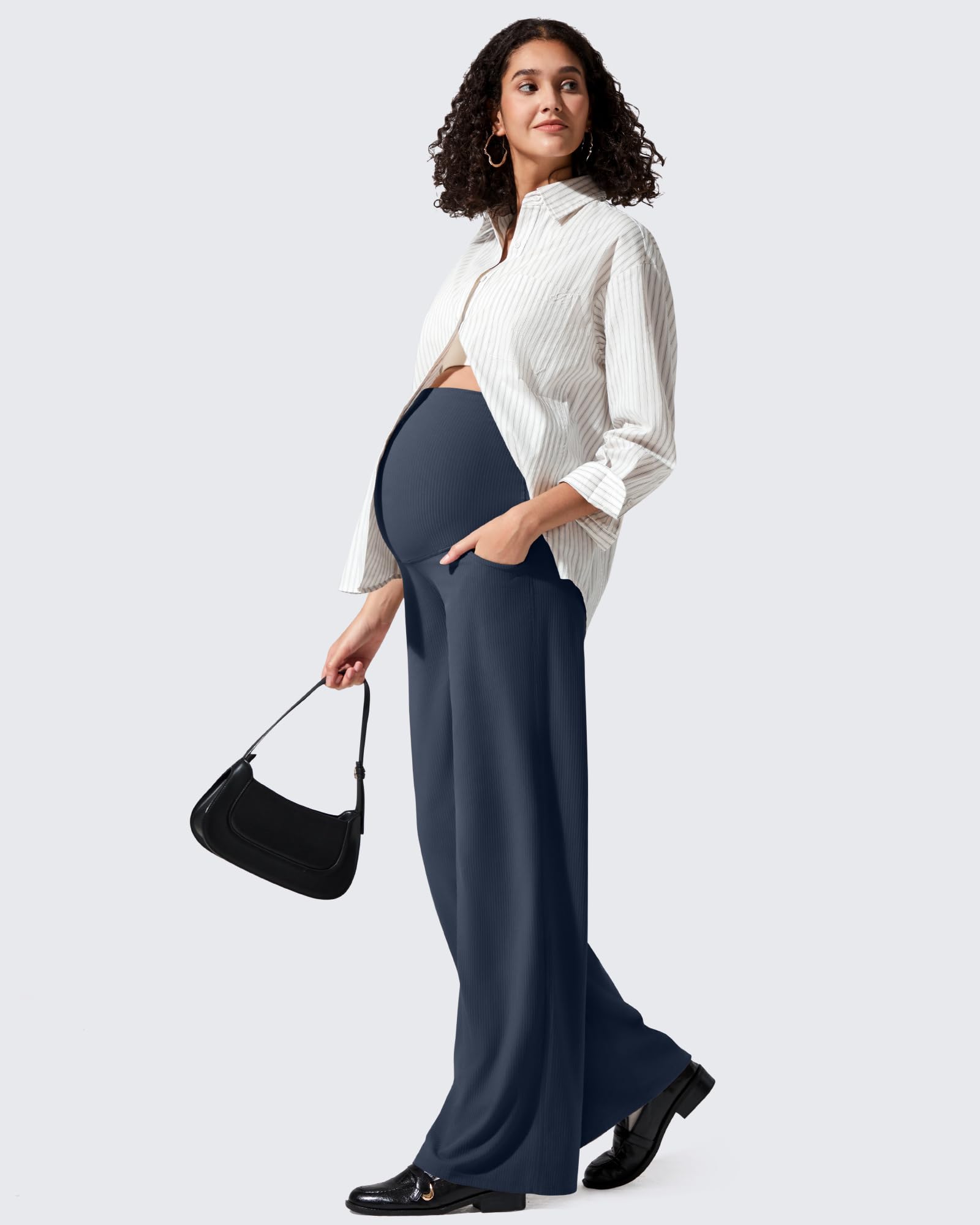 G4Free Maternity Wide Leg Pants Over The Belly Stretchy Lounge Comfy Pregnancy Casual Trousers with Pockets(Dark Navy,S,Regular)