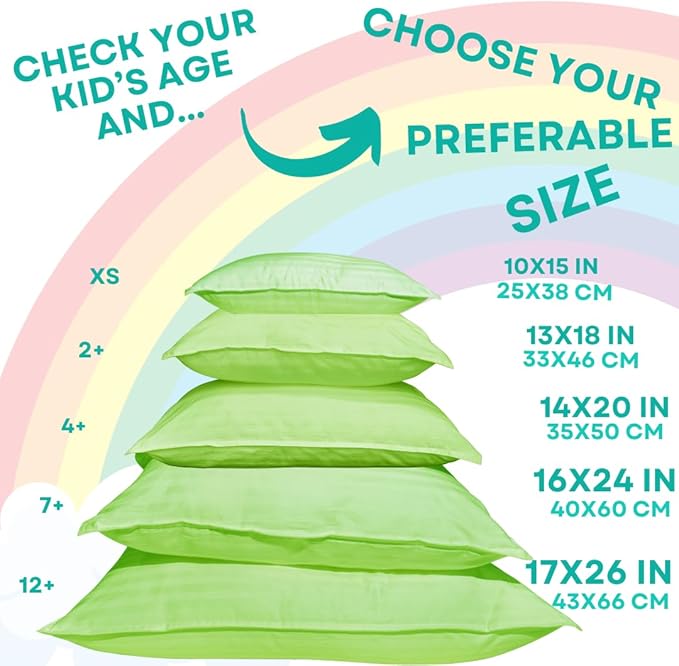 kinder Fluff Children Pillow (2Pack) 14x20in - Junior Pillows for Kids Age 4+, 100% Cotton Sateen Stripes Shell 300T, Down Alternative Fill, Machine Washable - Children & Travel Cushion - Green - M