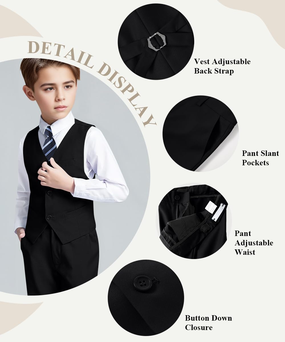 Boys Suits Kids Vest and Pants Set Formal Black Suit for Wedding Size 10