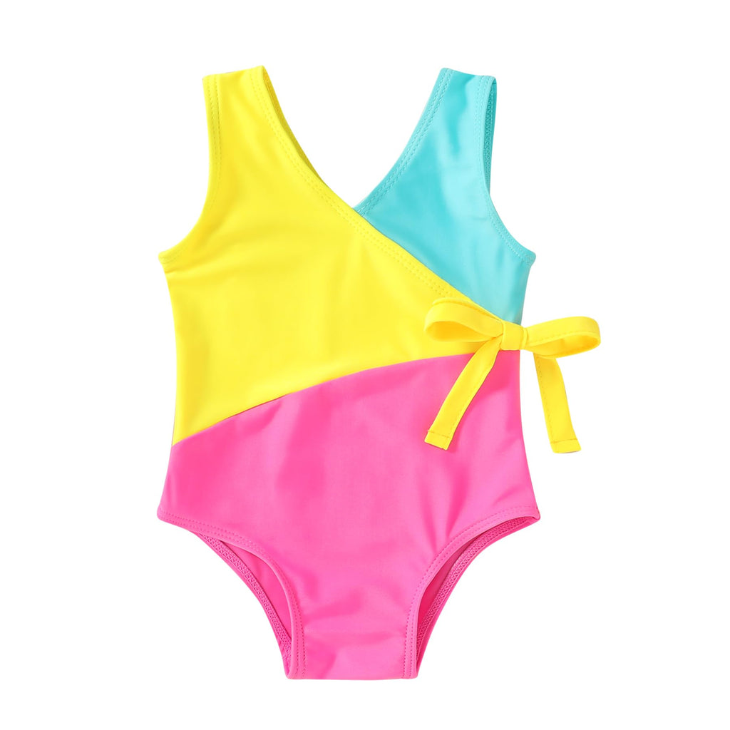 Happy Town Toddler Swimsuit Girl One Piece Bathing Suit Color Block Swimwear Baby Summer Beach Wear(5-6 Years,Blue Yellow Pink)