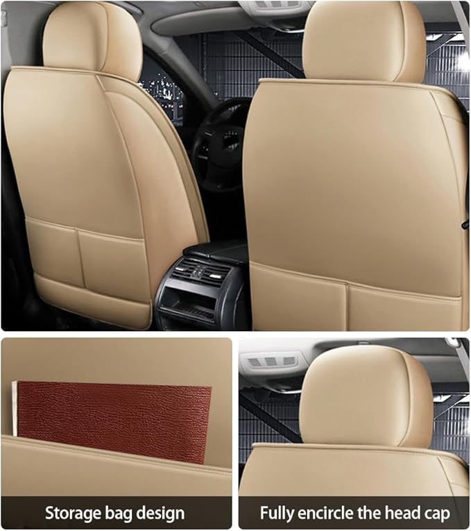 Leather Car Seat Covers for Volkswagen Atlas 2019-2023 Waterproof,Breathable and Non-Slip Napa Leather Car Interior Seat Covers,Comfortable and Durable,Easy to Install(5PCS,Luxury,Beige)