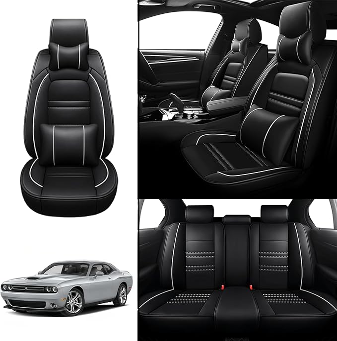 Car Seat Covers for Dodge Challenger 2008-2023 | 5-Seats Seat Covers, Waterproof Seat Protectors, Automotive Seat Covers (Full Set with Pillow,Black&White Line)