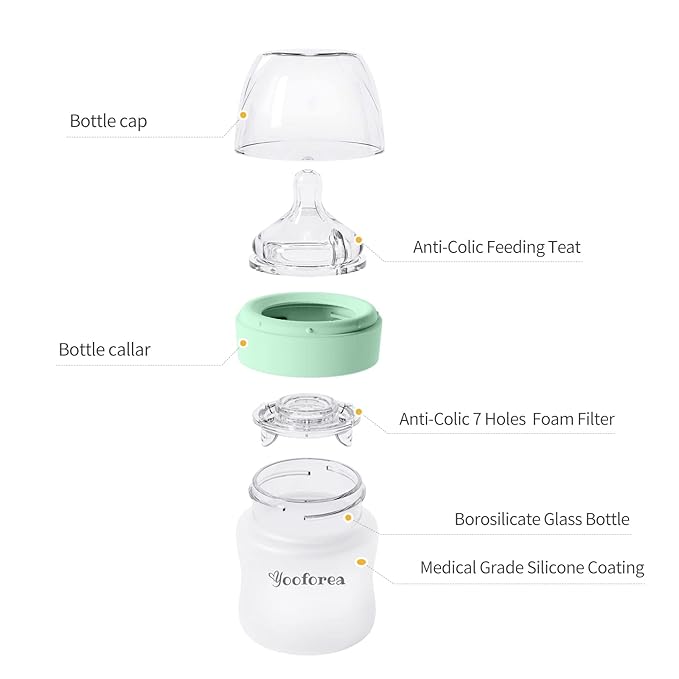 Yooforea Silicone Coated Glass Baby Bottle, 6M+ Fast Flow Nipple I Anti-Colic, Wide Neck, Stable Base I Medical-Grade Silicone Coating for Shatter Protection, BPA BPS PVC Free (9 Ounce-Tea)