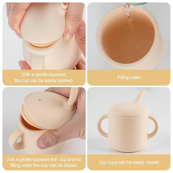Silicone Baby Cup with Straw, Straw Cup for 6 months+ old, Leak Proof Silicone Baby Training Cup 6 fl oz (Beige)