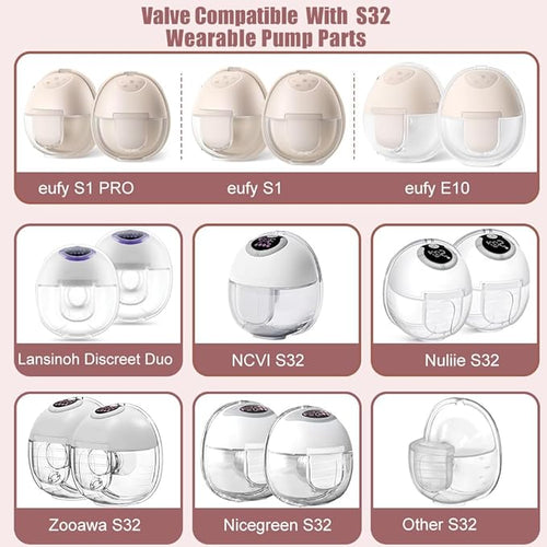4pcs Duckbill Valves and 2pcs Silicone Diaphragms Compatible with eufy E10/S1/S1 Pro, Lansinoh Discreet Duo/NCVI S32/Nuliie S32/NICEGREEN Life S32/Zooawa S32 Breast Pump Replacement Parts,6 Packs