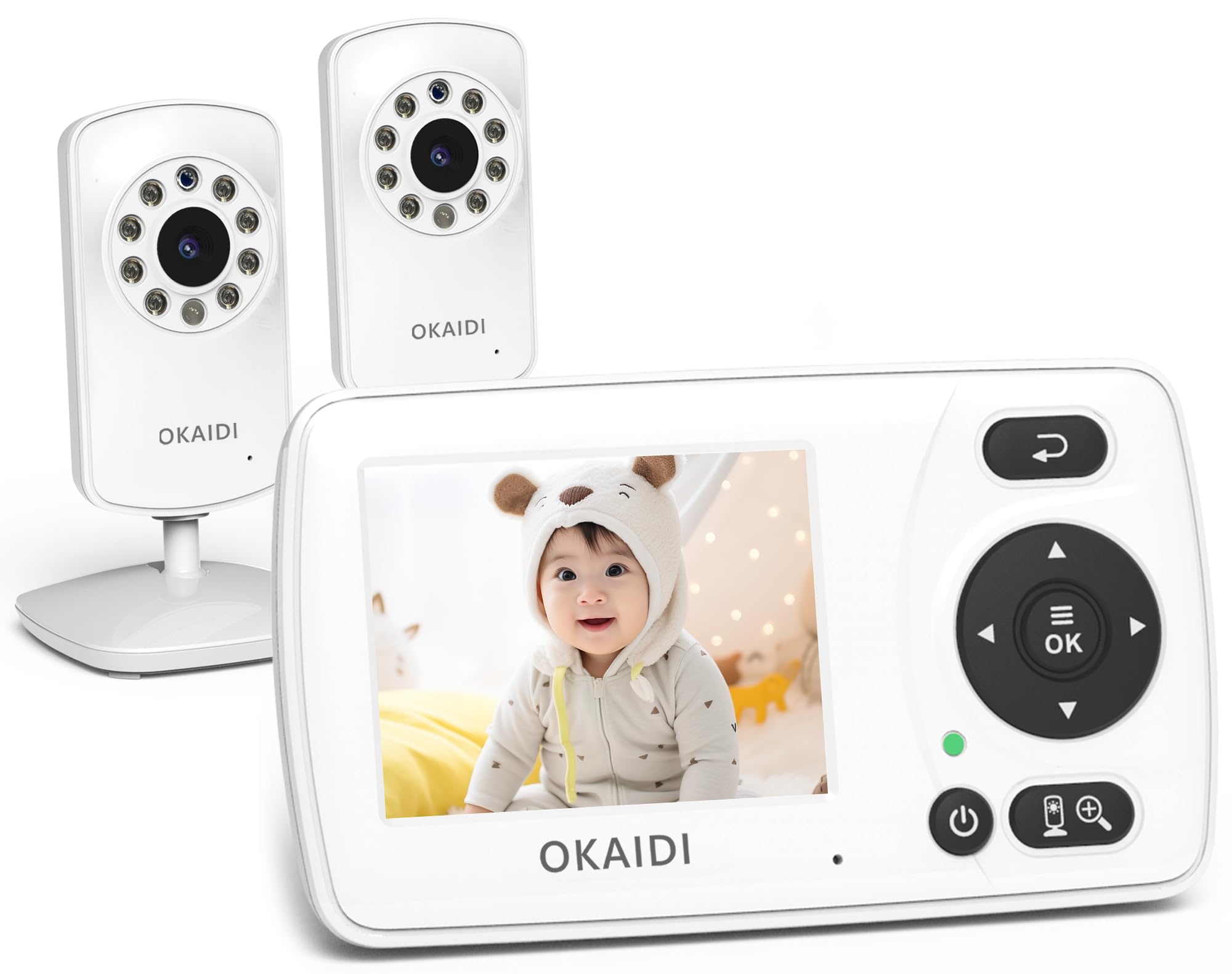 OKAIDI 2.4'' Portable Baby Monitor with 2 Cameras, Baby Monitor No WiFi