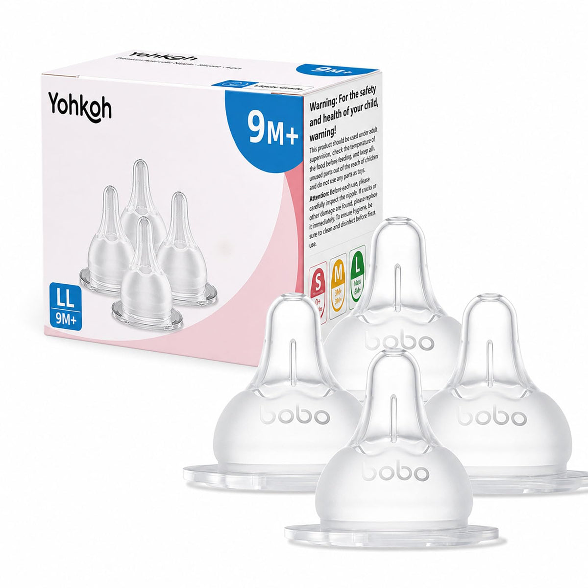 YOHKOH Baby Bottle Nipples for Wide Neck Bottles, 100% Natural Feel Silicone Nipples, BPA-Free (6m+, L, 4 Counts)