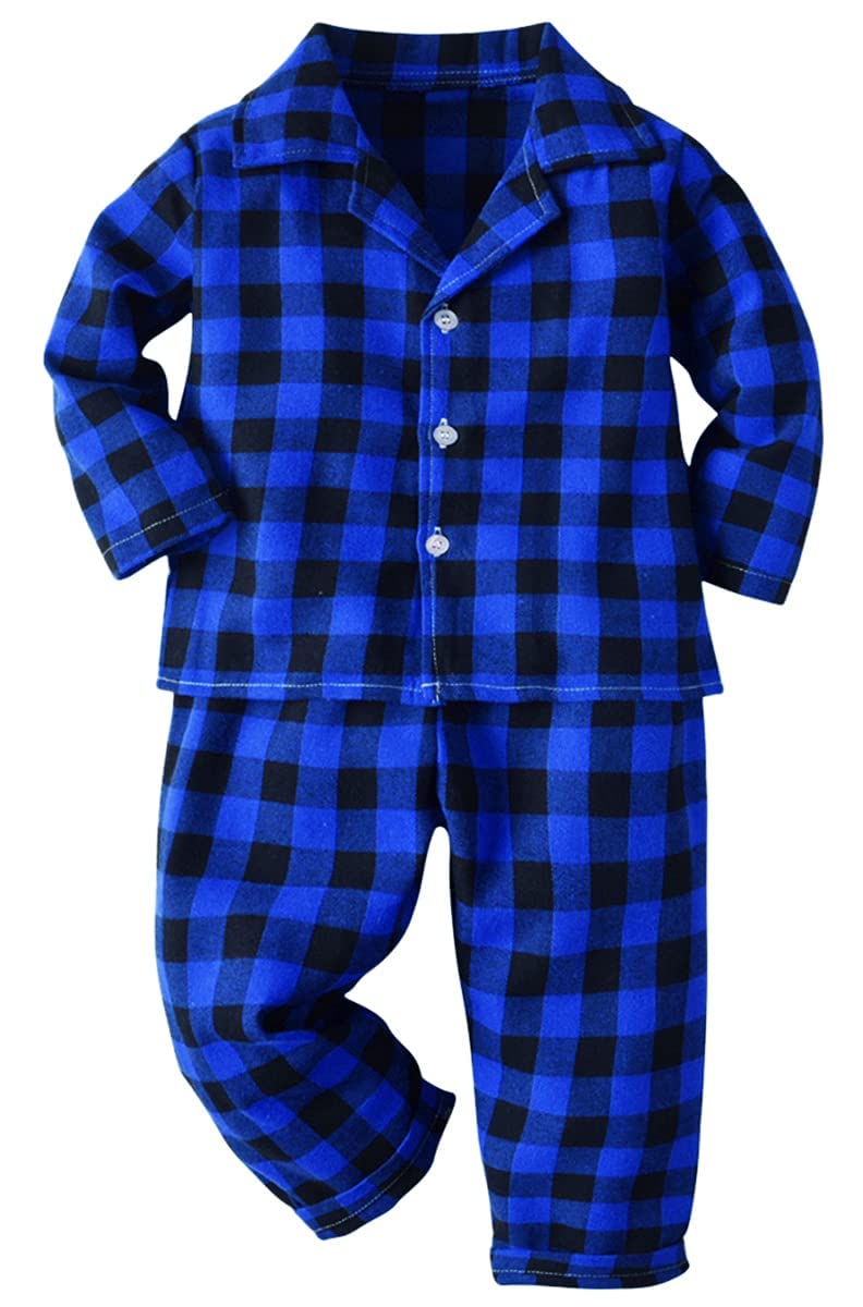 Schbbbta Family Plaid Pajamas Set, Girl's Boy's 2-Piece Button Down Sleepwear Pjs, Black Blue, 9-12 Months = Tag 70