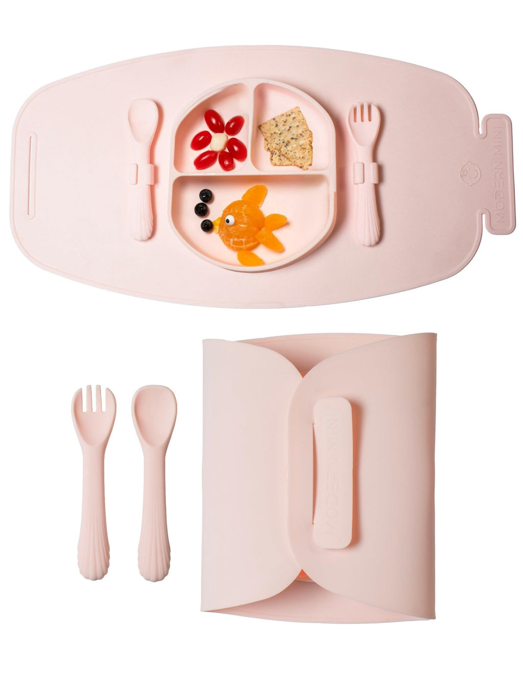 Modern Mini - Silicone Suction Plate for Baby and Toddler, Divided Plate with Fork & Spoon - Unbreakable, Non-Toxic, Food Grade Silicone, Strong Suction Grip, Spill Proof, & Foldable for Travel!