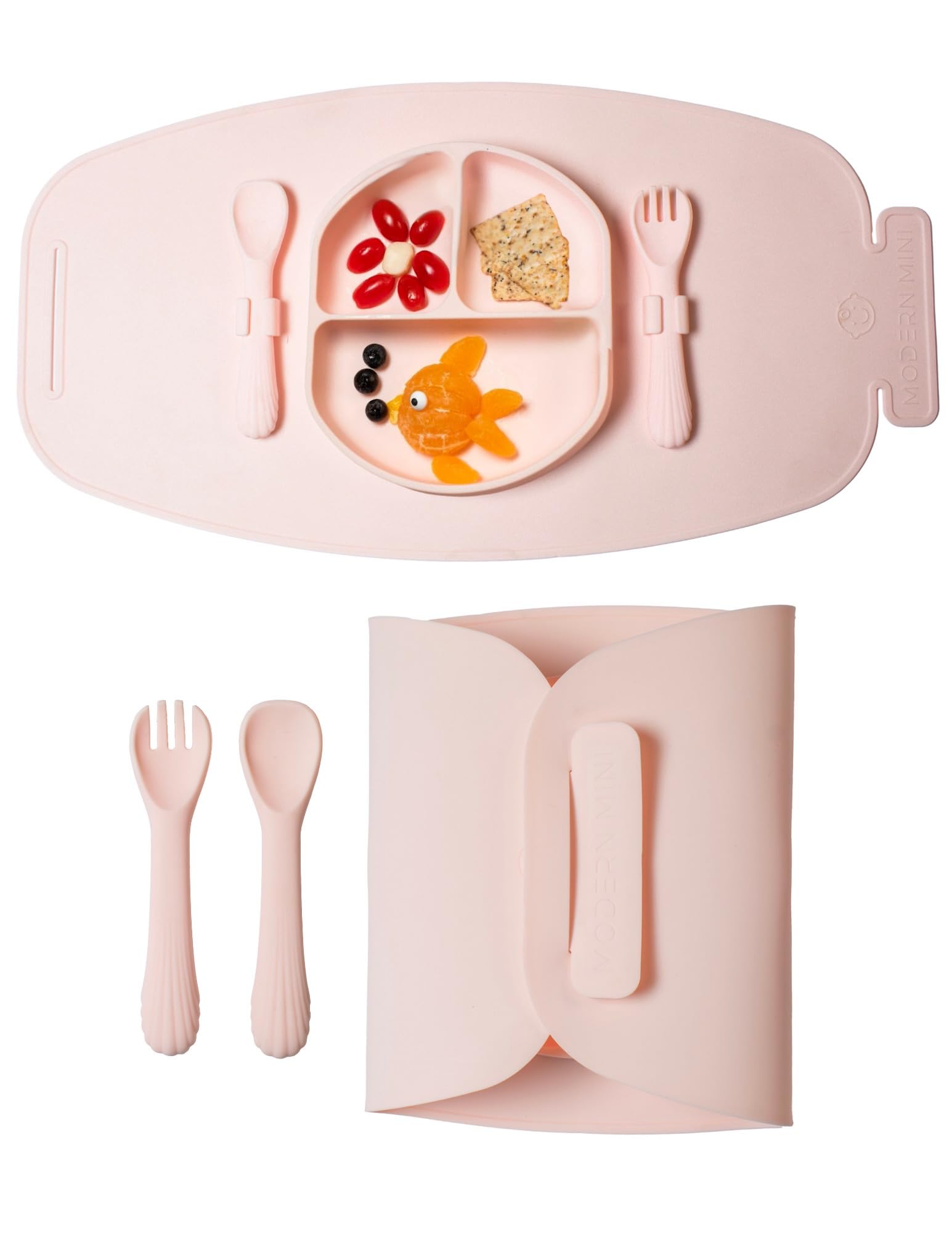 Modern Mini - Silicone Suction Plate for Baby and Toddler, Divided Plate with Fork & Spoon - Unbreakable, Non-Toxic, Food Grade Silicone, Strong Suction Grip, Spill Proof, & Foldable for Travel!