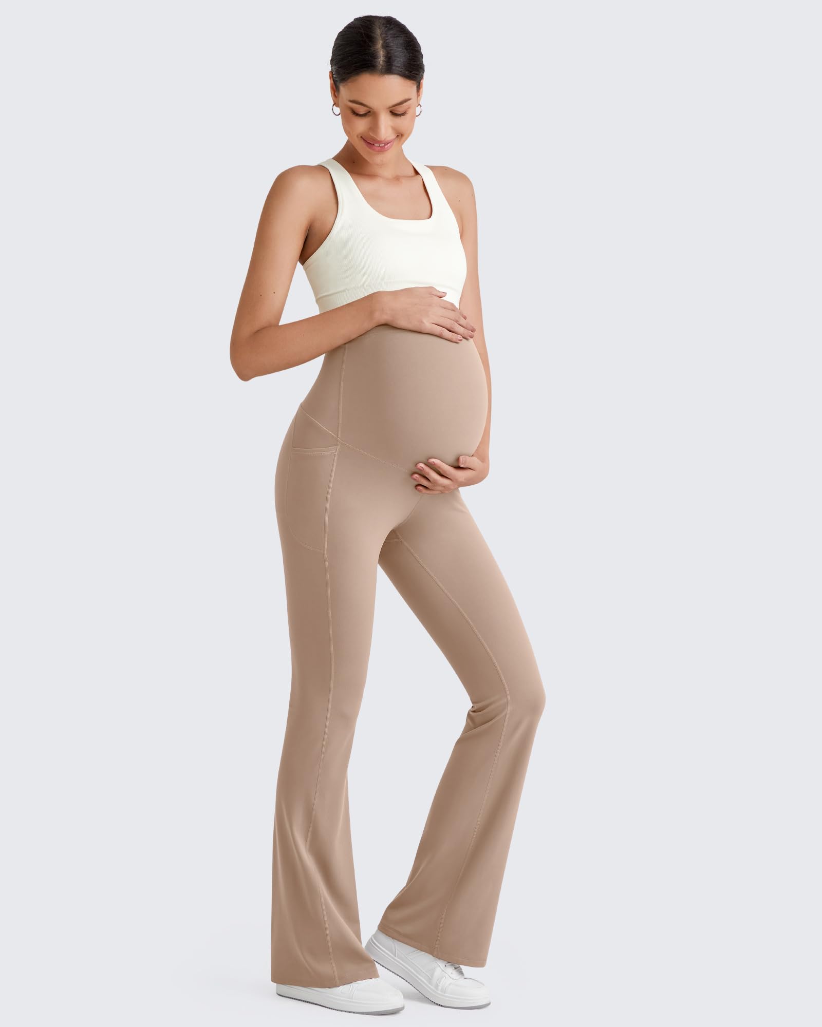 G4Free Maternity Flare Pants Pregnancy Work with Pockets,Toffee,S,Regular