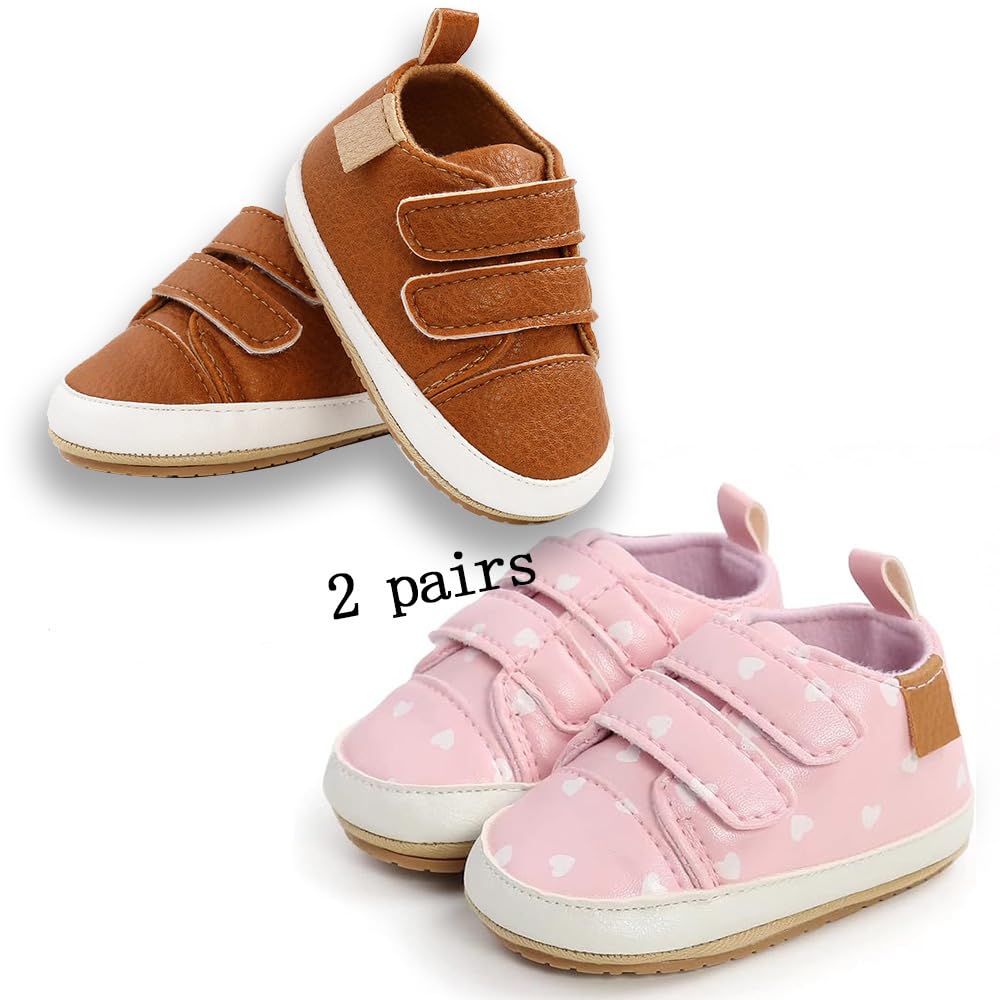 eitwo 2Pairs Baby Shoes,Boys Girls Non-Slip Rubber Sole Sneakers,Unisex Infant Soft Lightweight First Walking Hoes(2Pairs_Brown+PinkHeart,12-18 Months)