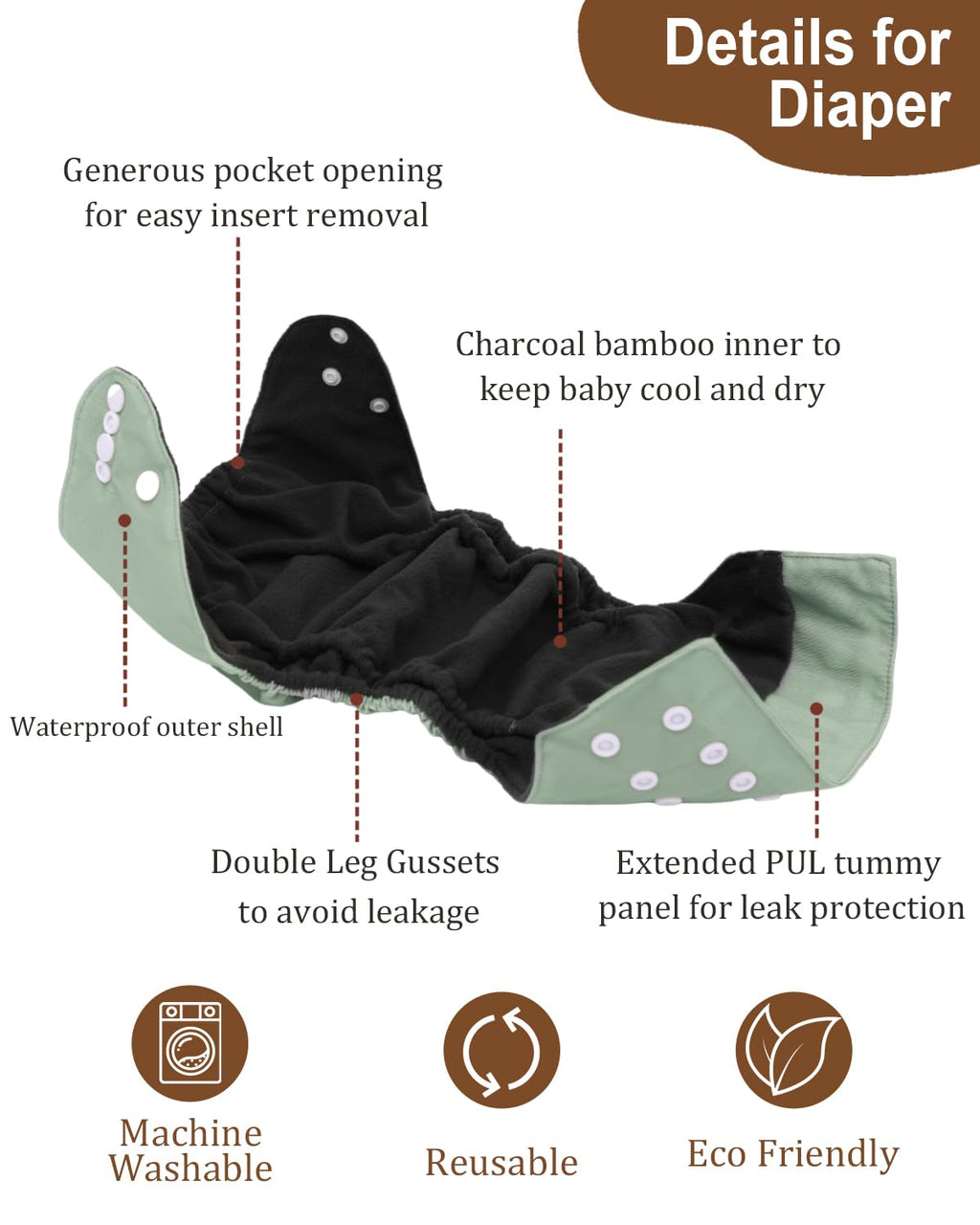 babygoal Reusable Charcoal Cloth Diapers with Double Gussets, 6 Pack Washable Baby Pocket Diapers with 6pcs Charcoal Inserts and Wet Dry Bag(Solid Color)