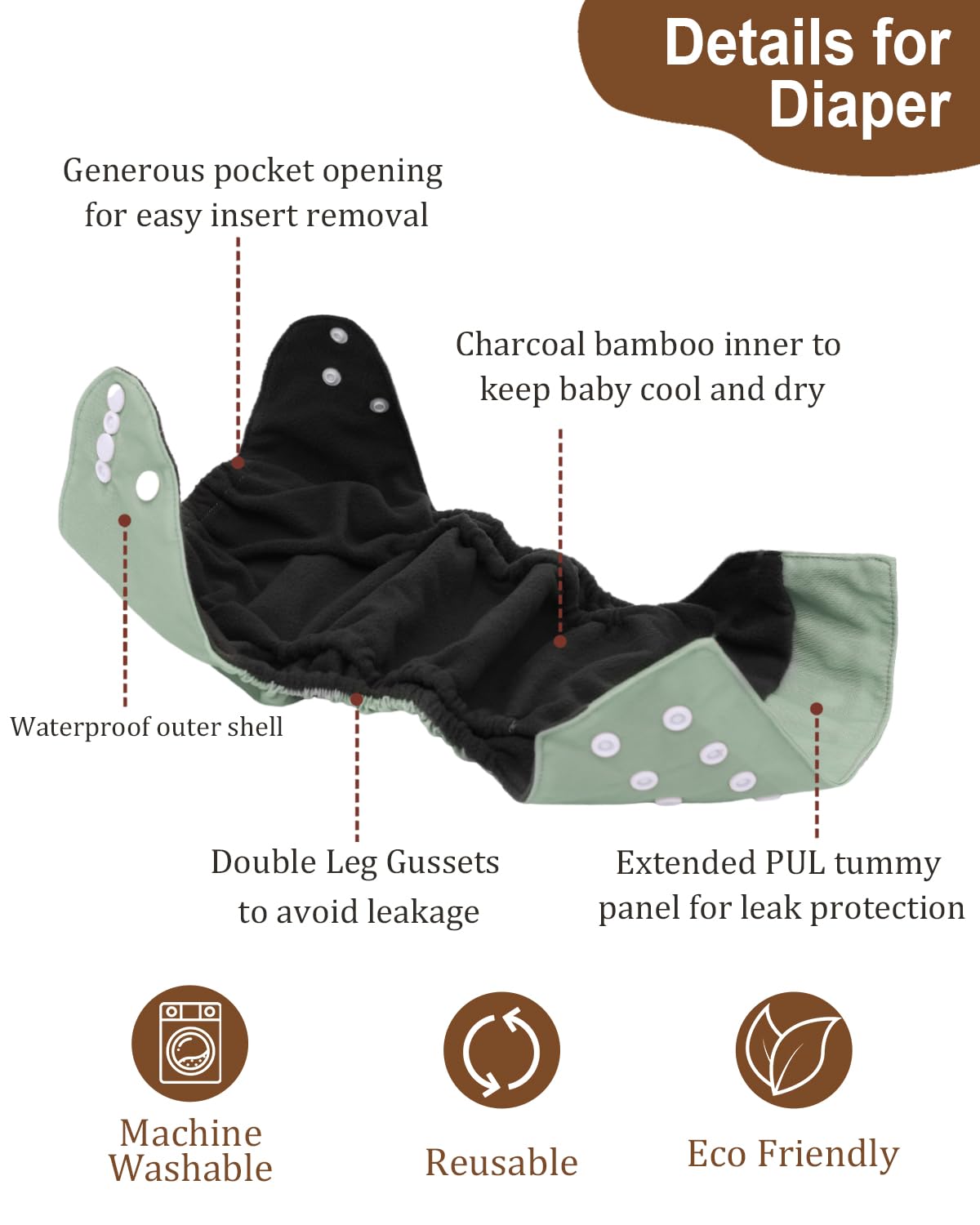 babygoal Reusable Charcoal Cloth Diapers with Double Gussets, 6 Pack Washable Baby Pocket Diapers with 6pcs Charcoal Inserts and Wet Dry Bag(Solid Color)