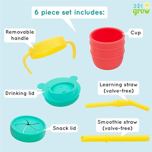 321 Grow Easy Learn Drink and Snack Set – Baby + Toddler Silicone Learning Cup & Snack Set, Training Cup for Straw and Open Cup Independence – Dishwasher Safe (Watermelon)