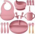 LITTLE RAWR Silicone Baby Feeding Set 14 Pcs,Baby Led Weaning Supplies, Baby Spoons Suction Bowl Divided Plate Bib Cup Finger Brush,First Stage Solid Food Eating Utensils - 6+ Months(Deep Red)