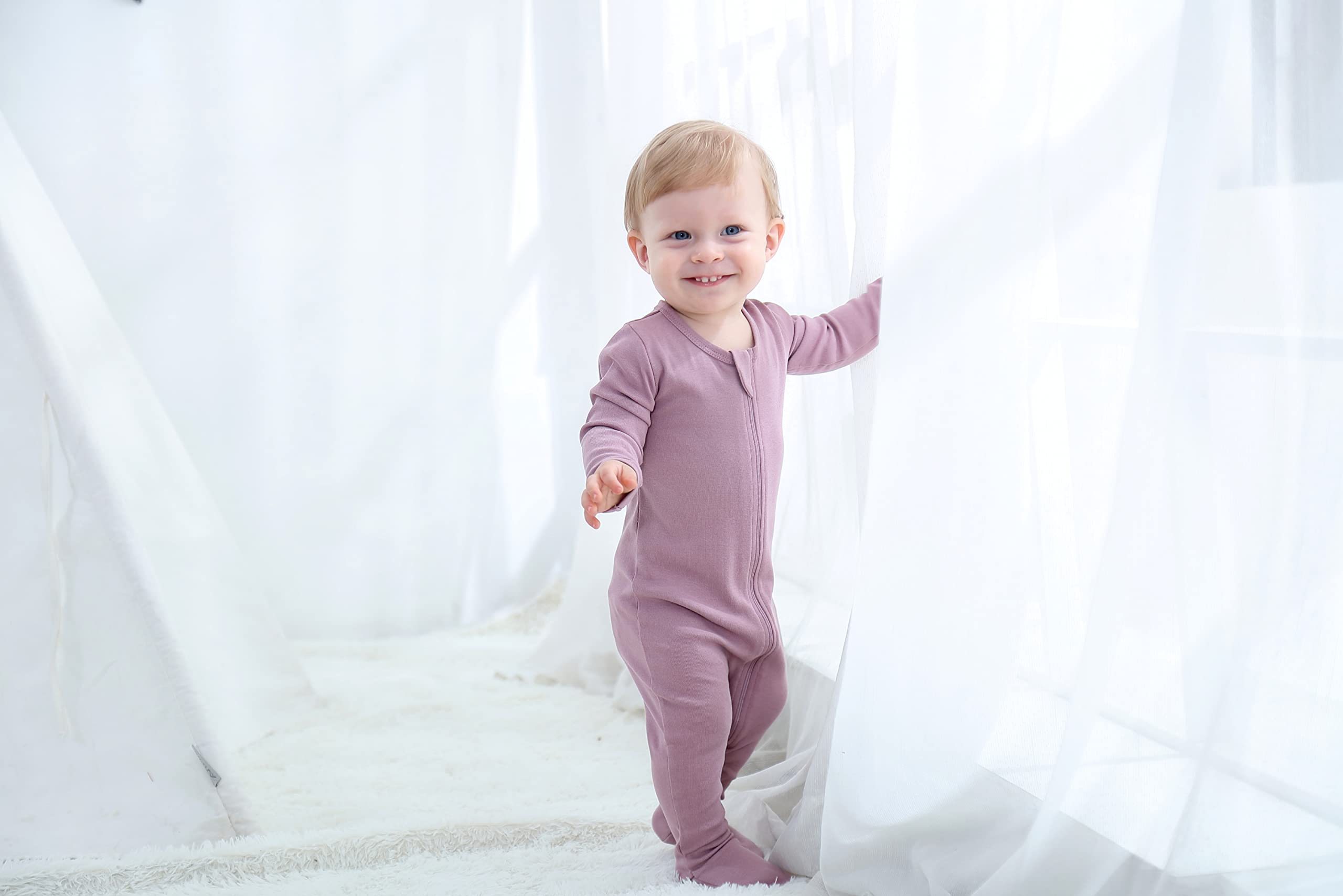 O2 BABY Baby Boys Girls Organic Cotton Zip Front Sleeper Pajamas, Footed Sleep 'n Play（0-3 Months, Mauve）