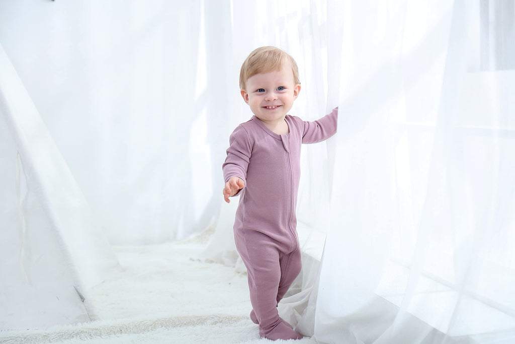 O2 BABY Baby Boys Girls Organic Cotton Zip Front Sleeper Pajamas, Footed Sleep 'n Play（3-6 Months, Mauve）