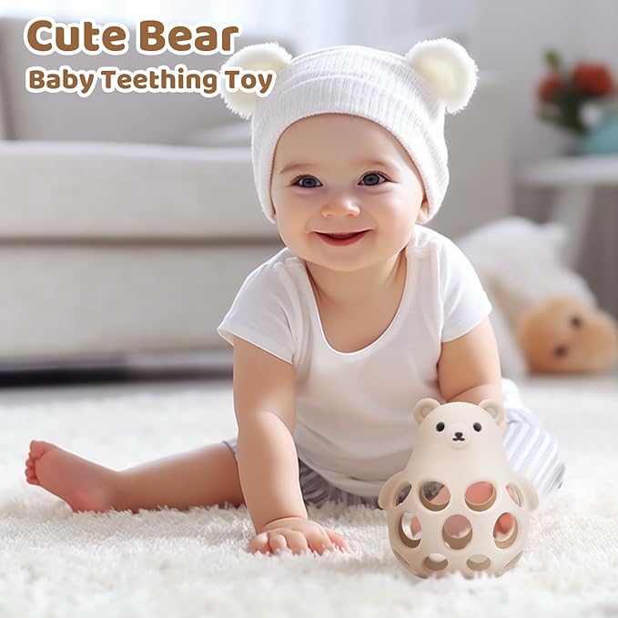 Baby Bear Teething & Stacking Toy Set - Teething Toys Silicone Teethers, Soft Baby Stacker Rings Teether, Learning Toy Gift for Boys and Girls 6+ Months (Beige)