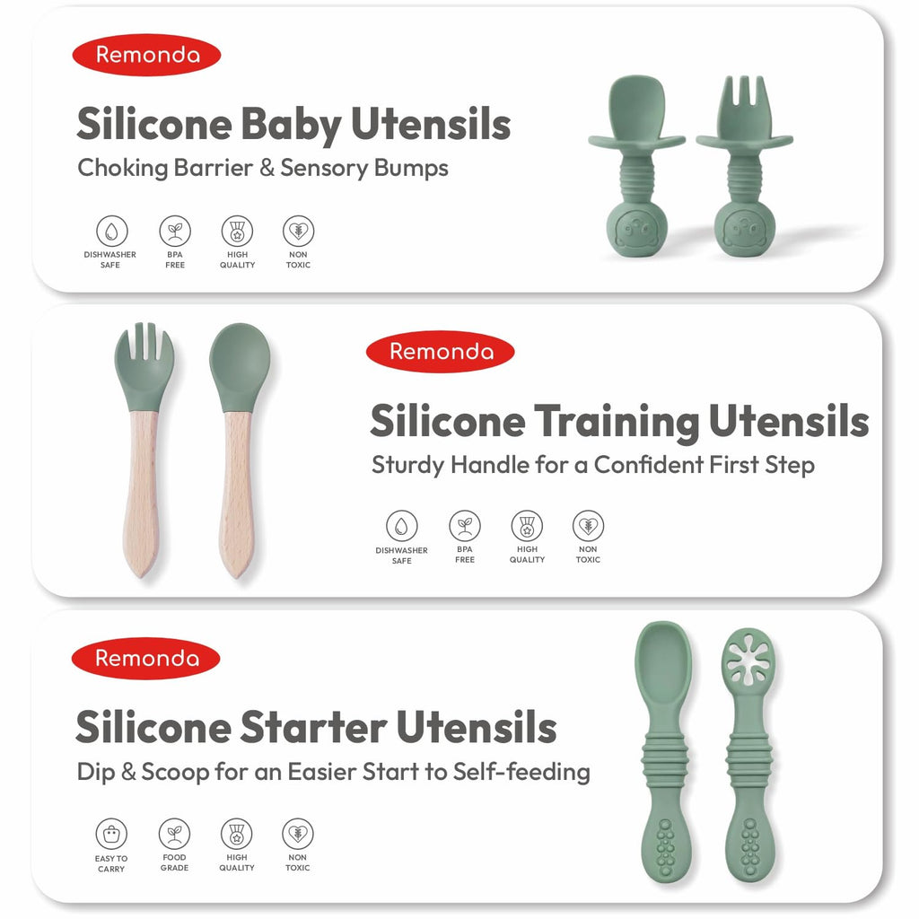 Remonda 23-Piece BPA-Free Silicone Baby Feeding Set | Extra Large Suction Plates, Toddler Bowls, Self Feeding Spoons, and More | Dishwasher Safe| Baby Led Weaning Supplies (Green）01