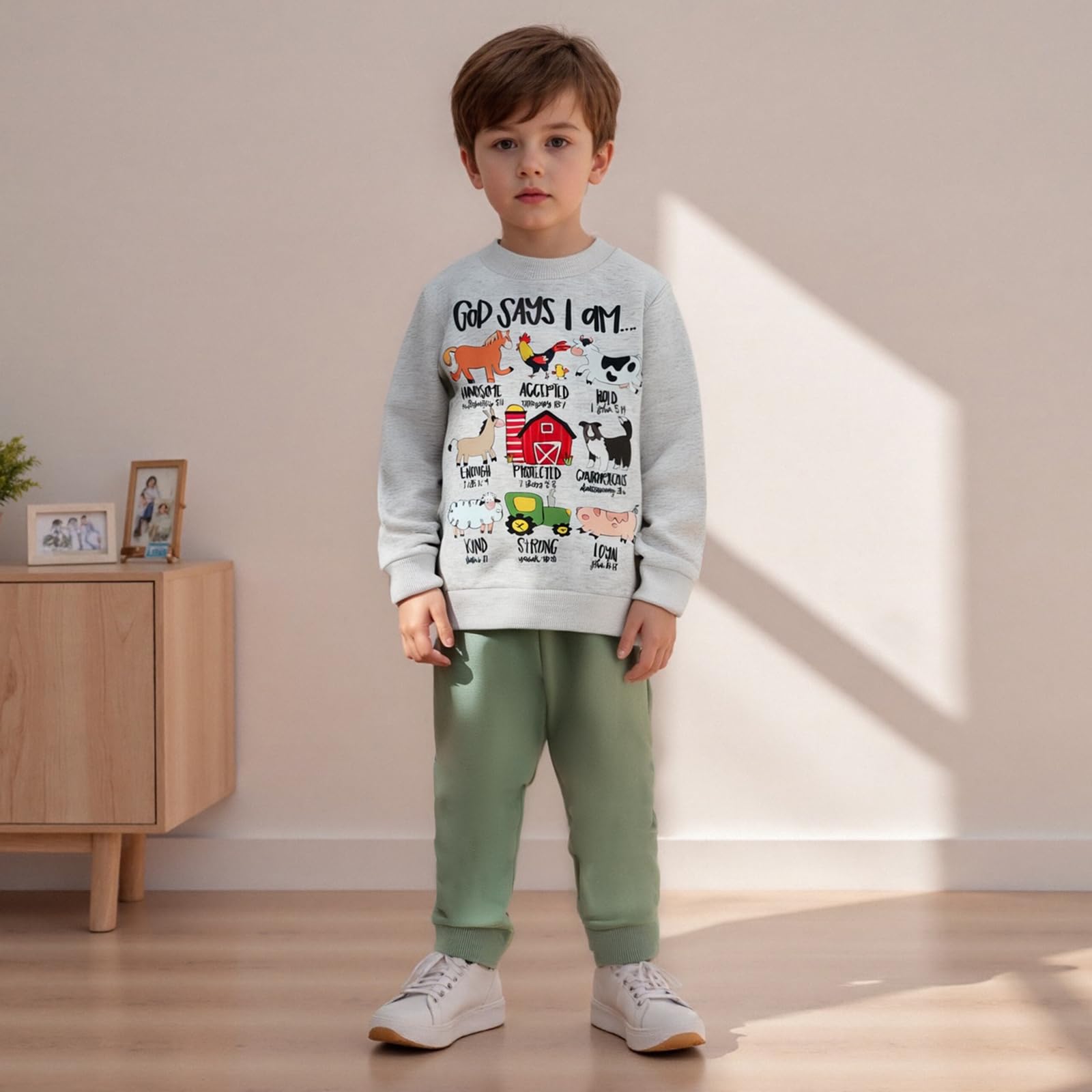 Nyapruwe Toddler Baby Boys Fall Winter Outfits Funny Print Top Pants Set (Green G-animals, 18-24 Months)