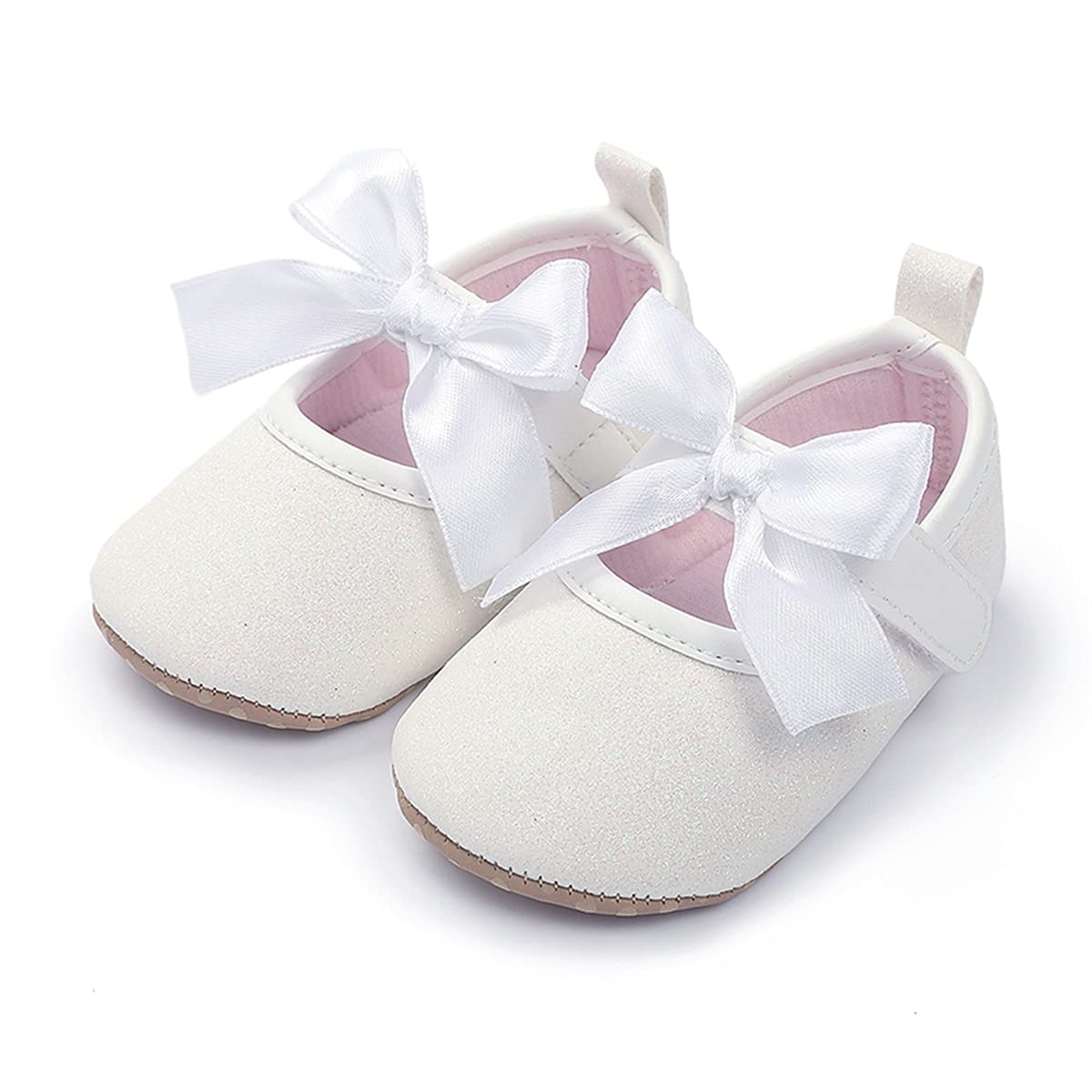 COSANKIM Baby Girls Mary Jane Flats Shoes Anti-Slip Rubber Sole Infant Toddler Princess Wedding Dress Shoes（12-18 Months Infant,06 White）