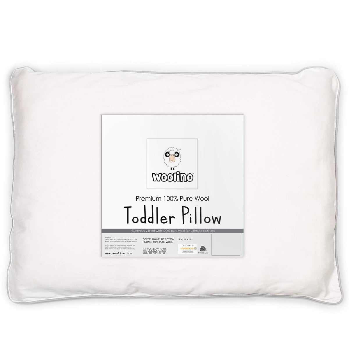 Woolino Toddler Pillow, Premium Breathable 100% Wool Fill & Cotton Cover Toddler Sleeping Pillow, Small Kids Travel Size, 14x19