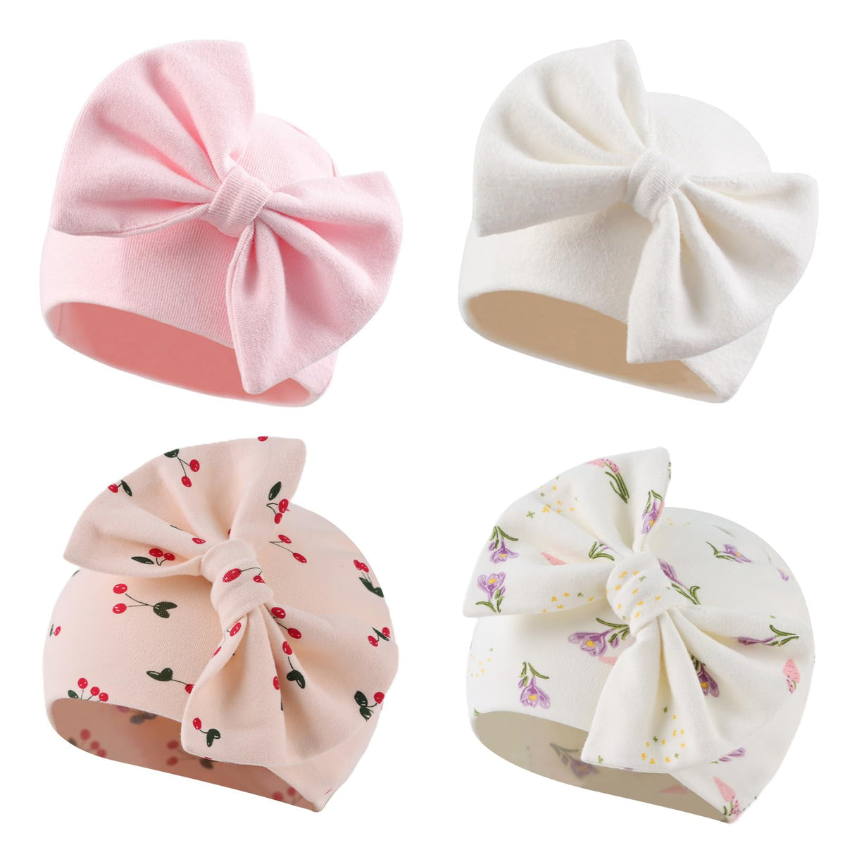 Bamery Newborn Baby Girl Hat Cotton Baby Bow Beanie Preemie Hats Spring Infant Hats for Girls 0-12 Months (US, Age, Preemie, 4PACK-B)
