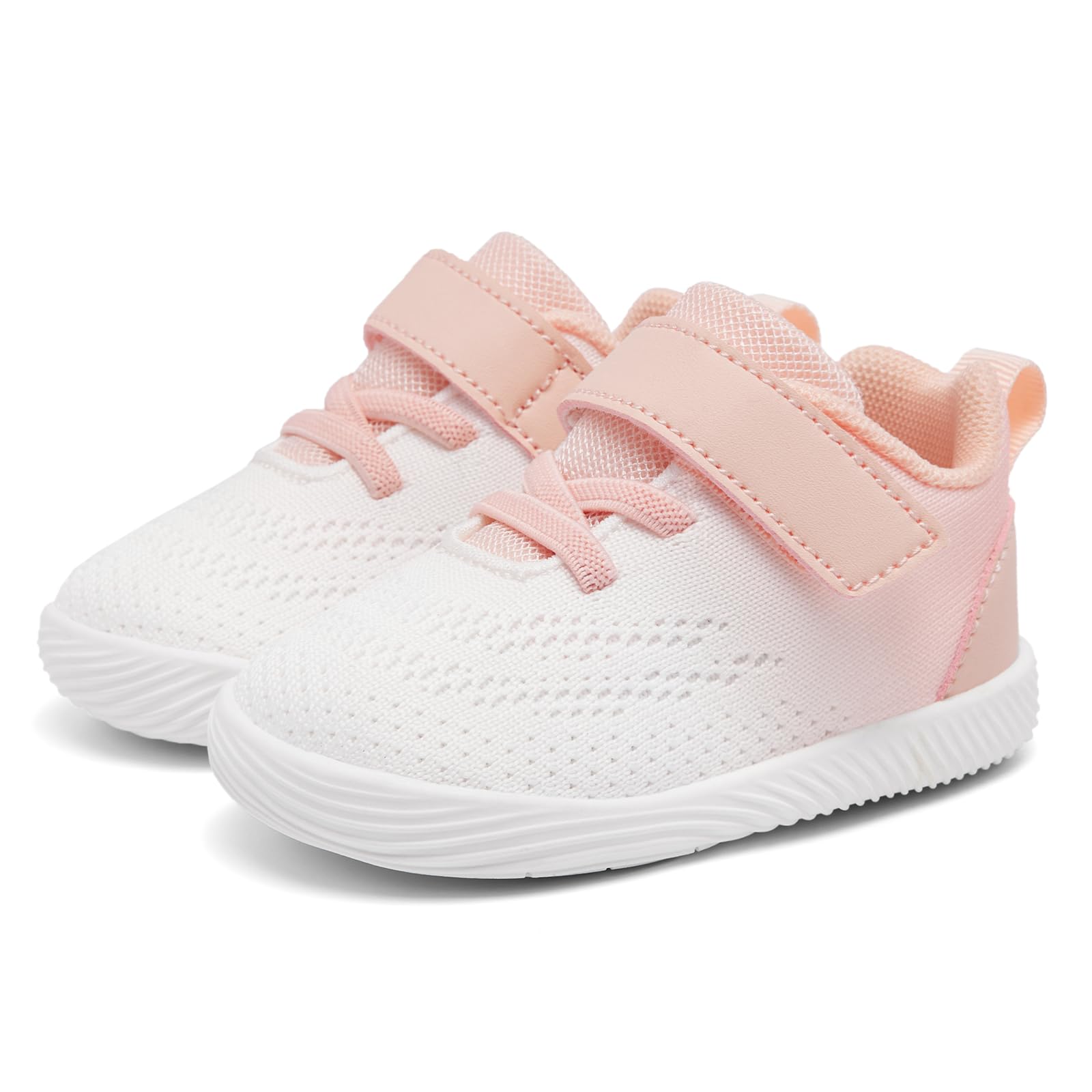 MORENDL Toddler Sneakers Baby Boys & Girls Barefoot Shoes Lightweight Breathable Walking Running Tennis Athletic Sport Shoes White Pink 18-24 Months Size 6.5