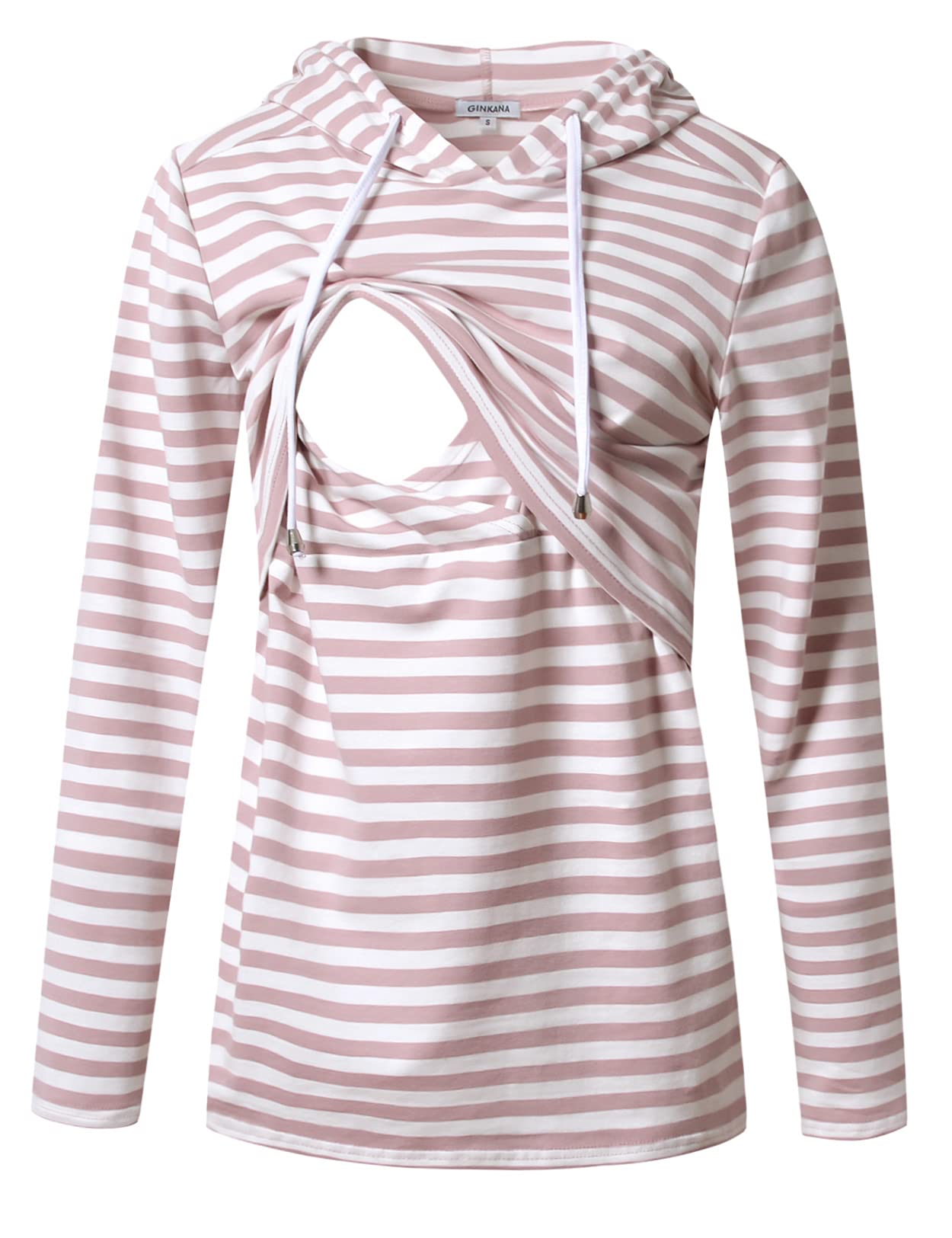 GINKANA Women's Maternity Sweatshirt Long Sleeves Breastfeeding Hoodies Stripes for Pregnant Women,Pink with White Stripes,M